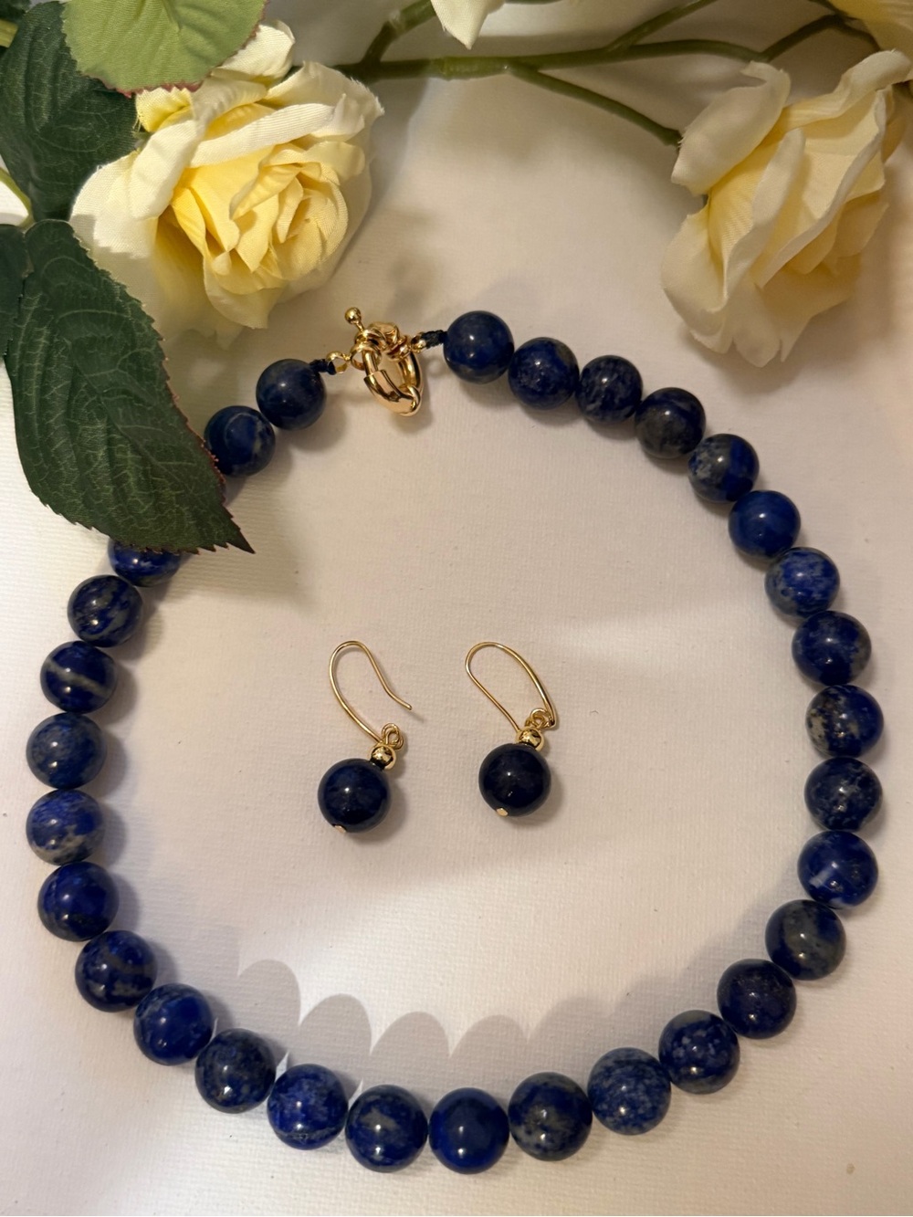 Gold-Accented Lapis Bead Necklace and Earrings Set - Blue